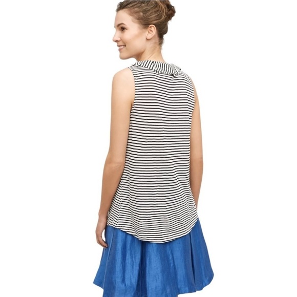 DOLAN LC | ANTHROPOLOGIE Flax Blend Stripe Ruffled Neckline Button Down Blouse - Picture 2 of 10